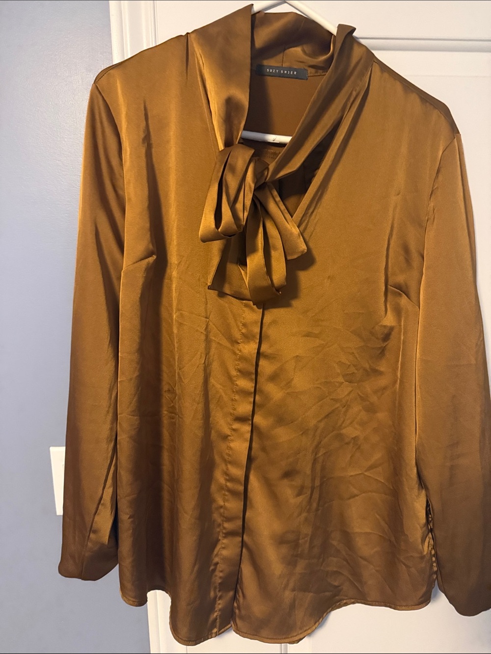 Suzy Shier Satin Tie-Neck Blouse - Mustard Brown
